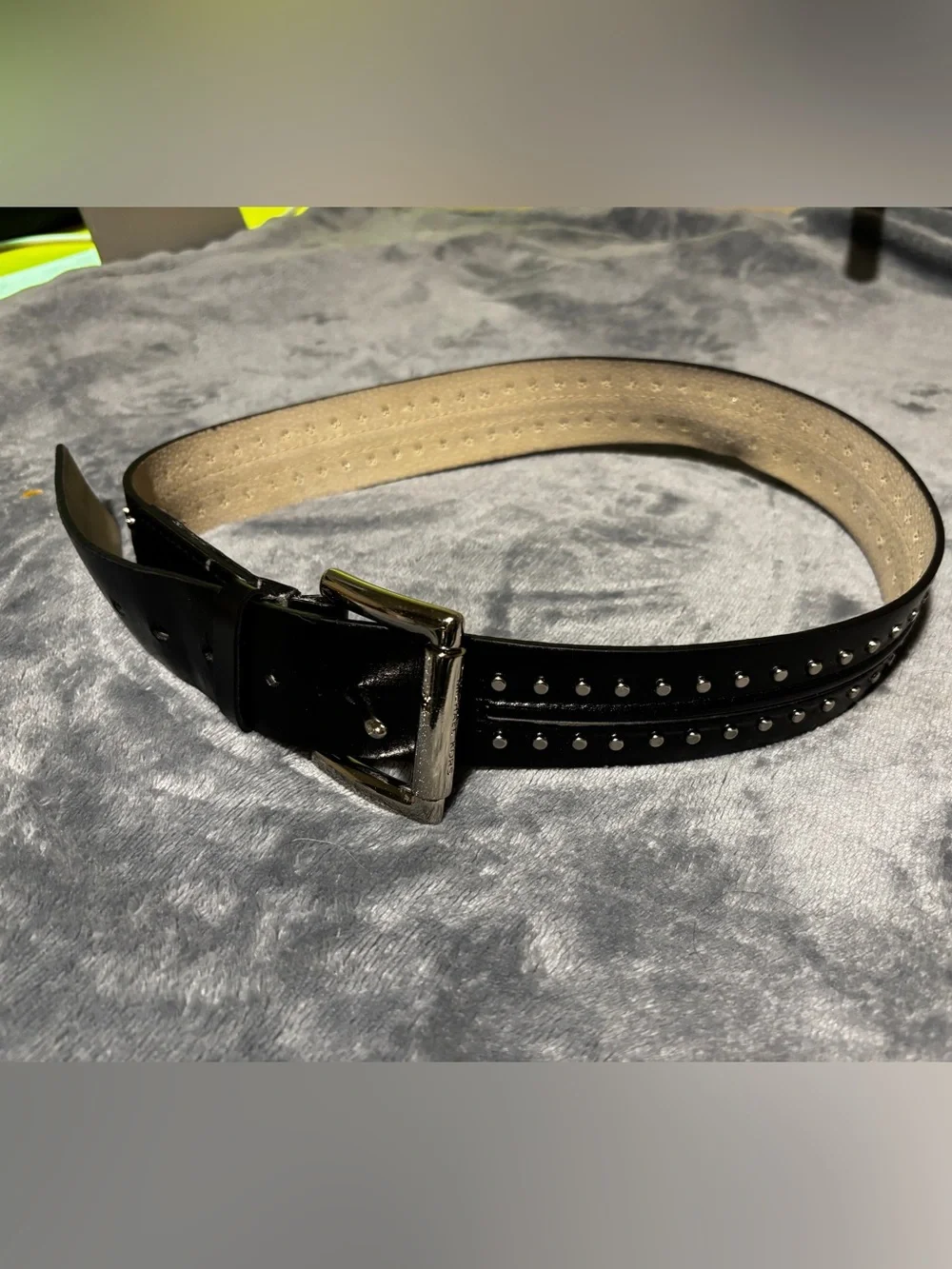 Michael Kors Black Leather Studded Belt with Silver Buckle